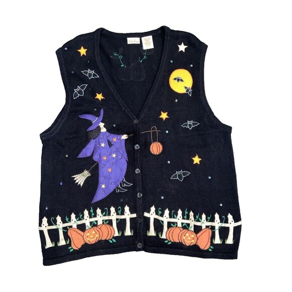 Bobbie Brookes Halloween Sweater Vest Witch Bats Pumpkins size 22/24 Vintage - Picture 1 of 16
